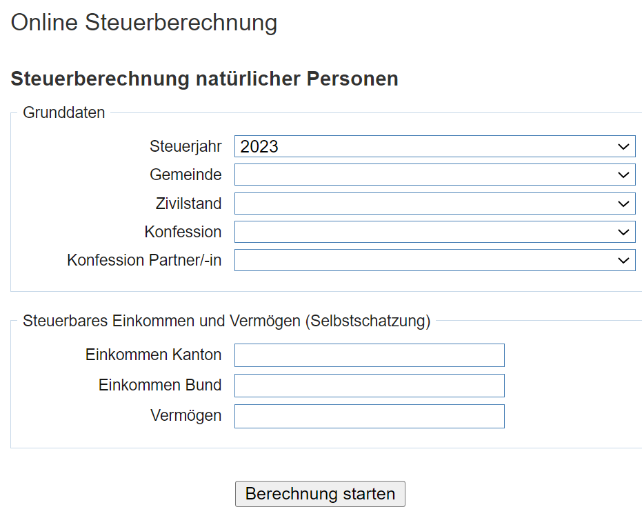 Design-Vorschlag für den Online-Steuerrechner für natürliche Personen der Steuerverwaltung des Kantons Bern